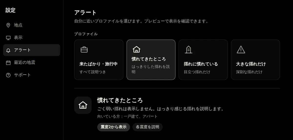 アラートのプロファイル設定画面